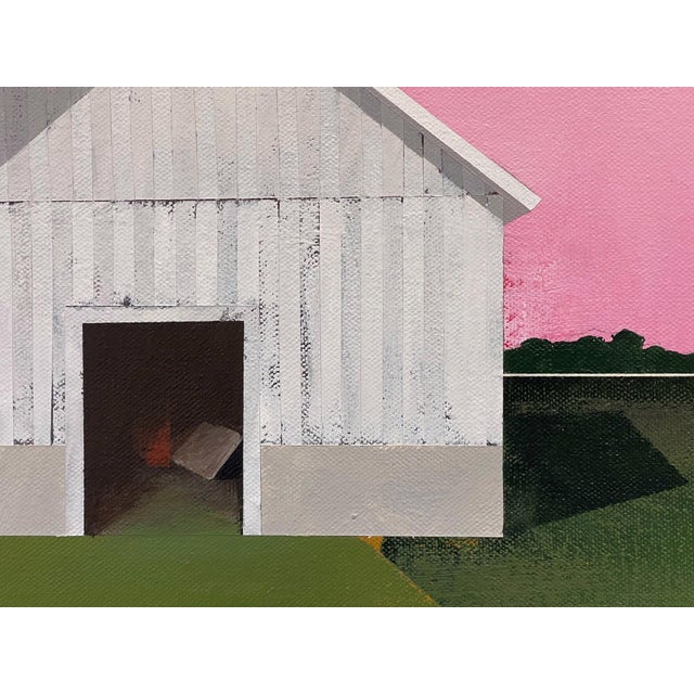 Textile Alizarine Sky by Justin Wheatley | Acrylic on Canvas Barn Landscape With Pink Sky For Sale - Image 7 of 11