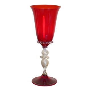 Italian Ruby Red Murano Art Glass Chalice With Gold Aventurine Stem 1970s For Sale