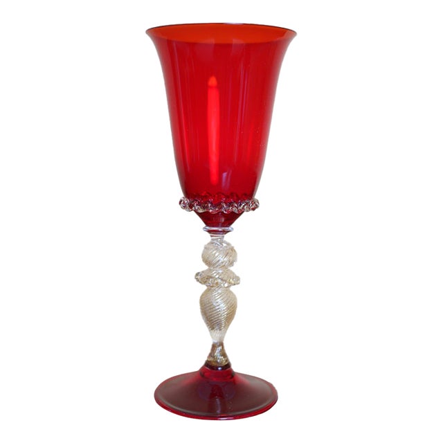 Italian Ruby Red Murano Art Glass Chalice With Gold Aventurine Stem 1970s For Sale