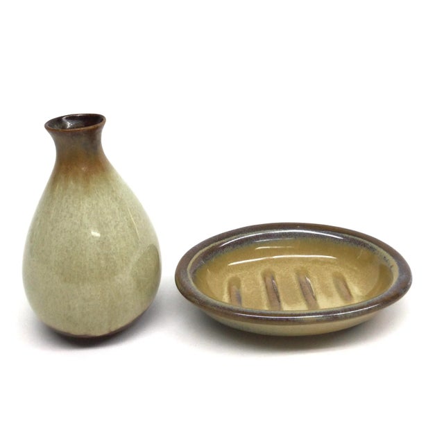 Shabby Chic Vintage Studio Hand Turned Pottery Soap & Toothbrush Holder - a Set For Sale - Image 3 of 9