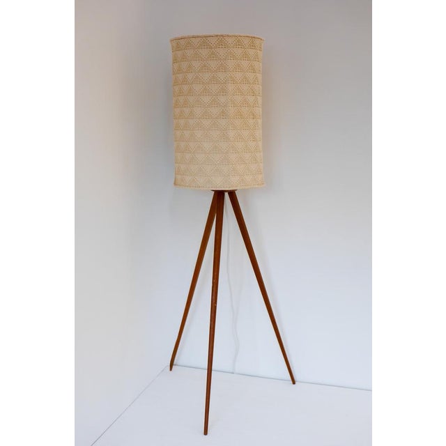 Large Scandinavian Teak Tripod Floor Lamp with Drawn Thread Embroidery Shade For Sale - Image 9 of 17