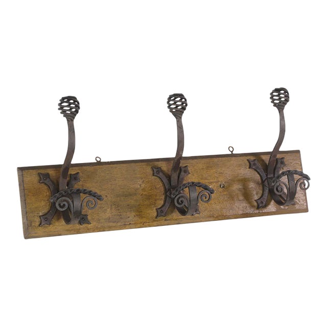 Mid 20th Century European 3-Curled Wrought Iron Hooks Wood Mount Wall Rack For Sale
