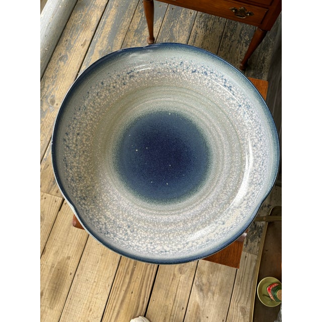 John-Richard Large Reactive Blue and Cream Shallow Pottery Bowl Coastal For Sale - Image 9 of 12