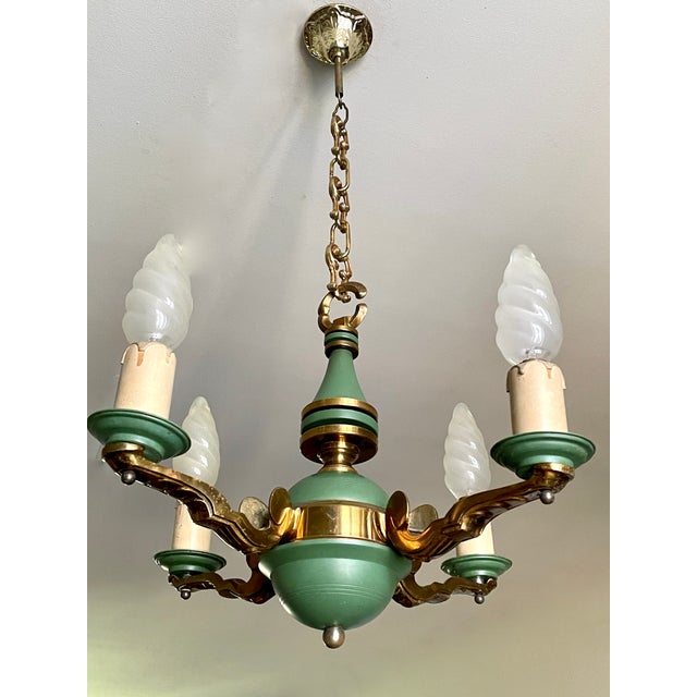 Art Deco Chandelier in Bronze and Green Lacquered Sheet Metal, 1930 For Sale - Image 9 of 10