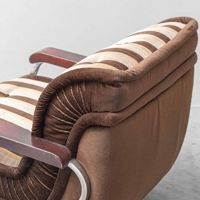 Brown Fabric Armchair with Wooden Armrests, 1970s For Sale - Image 9 of 10