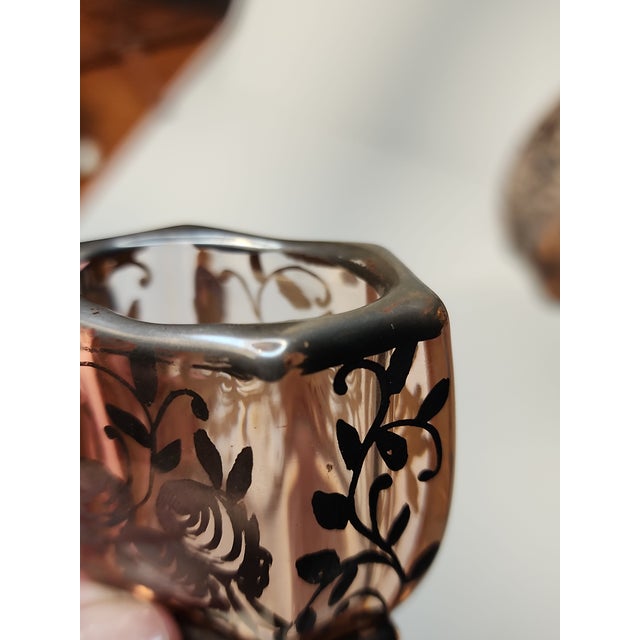 Mid 20th Century Vintage Bohemian Pink Glass Crystal Silver Plate Decanter Shot Glass Aperitif Set- 7 Pieces For Sale - Image 5 of 13