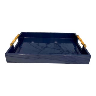 Bamboo Handled Navy Blue Lacquered Tray For Sale