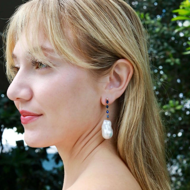 Royal Blue Nina Zhou Sapphire Diamond & Baroque Pearl Convertible Drop Earrings in 14k Yellow Gold - A Pair For Sale - Image 8 of 11