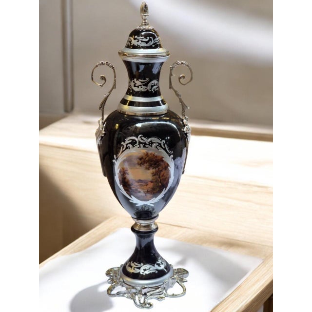 French Porcelain Urn Centerpiece Set Hand-Painted Floral, Gilded Bronze For Sale - Image 4 of 6