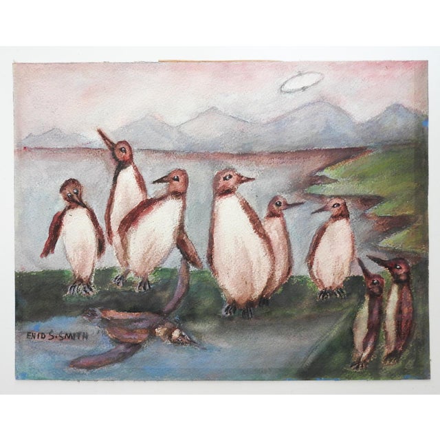 Modern Mid 20th Century Surreal Penguins and Ufo Watercolor Painting For Sale - Image 3 of 4