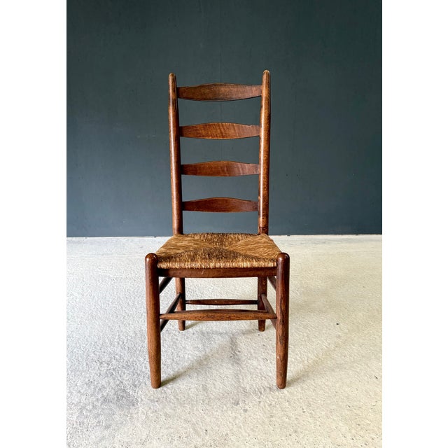 Rustic High Ladder Back Oak and Rush Dining Chairs, Belgium, 1950s, Set of 6 For Sale - Image 12 of 18