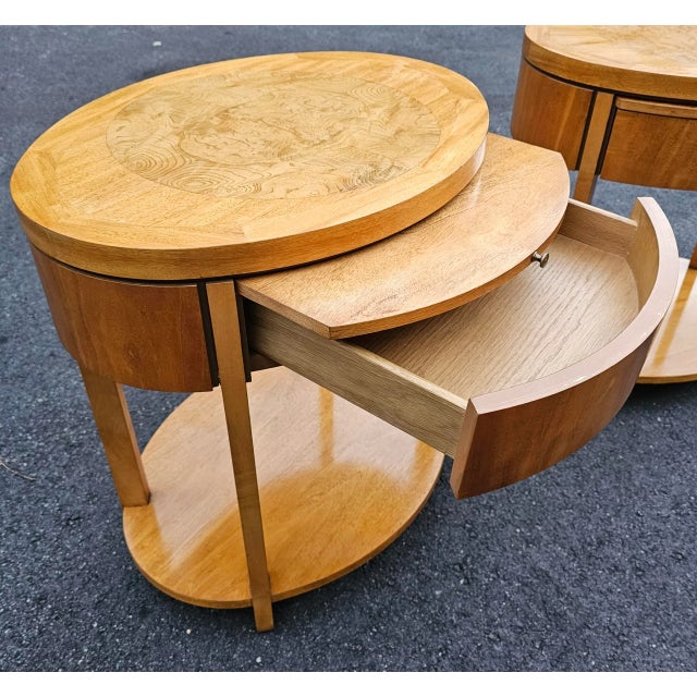 Late 20th Century Charles Pfister for Baker Furniture Primavera and Burl Oval Nightstands - a Pair For Sale - Image 9 of 12