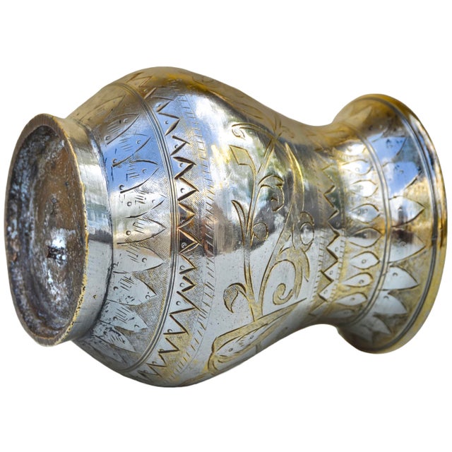 Metal Early 20th Century Handmade Moorish Silver Vase W/ Brass Floral Engravings For Sale - Image 7 of 9