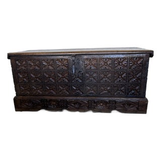 Large 18th Century Spanish Colonial Carved Coffer Trunk For Sale