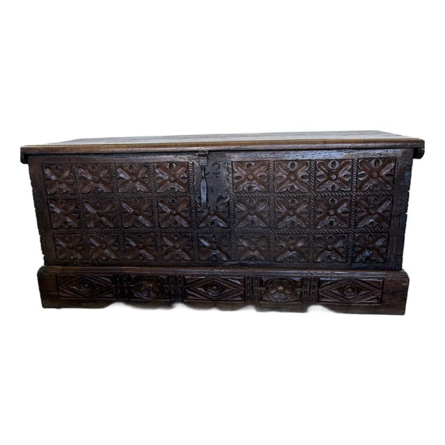 Large 18th Century Spanish Colonial Carved Coffer Trunk For Sale