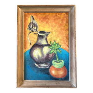 1960’s Original Modernist Still Life Painting Worm Wood Frame