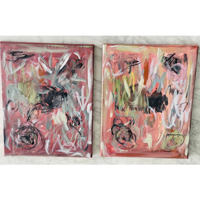 Abstract modern mixed media acrylics on canvas diptych paintings Sunny Isles Abstracts 1-2, signed verso Mariana Shulga.