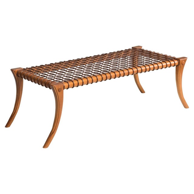Klismos walnut wood brown woven leather Bench, Customizable Upholstery and Wood. Other colors and upholstery are...
