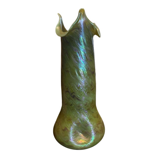 Antique Art Nouveau Loetz Style 14" Iridized Art Glass Vase For Sale