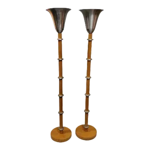 1940s Russel Wright Art Deco Hardrock Maple and Spun Aluminum Torchiere Floor Lamps - a Set of 2