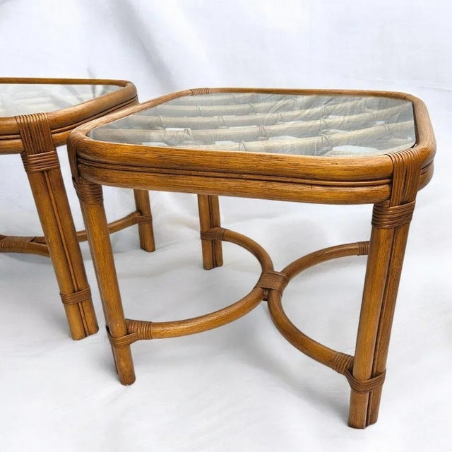 Phyllis Morris Mid Century Glass Top Bamboo Side Tables - Celerie Kemble Style Mid Century Modern Glamour For Sale - Image 4 of 11