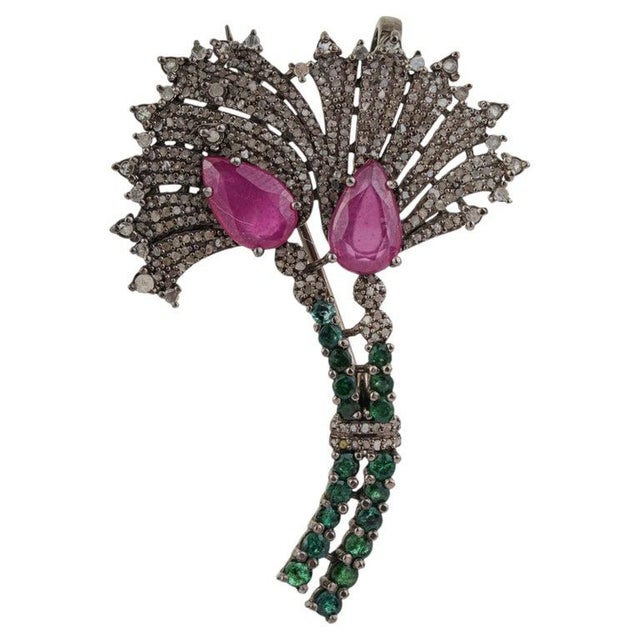 Not Yet Made - Made To Order Art Deco Inspired Ruby, Emerald & Diamond Oxidised Brooch Pendant in Silver For Sale - Image 5 of 13