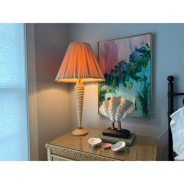 Late 20th Century Late 20th Century Auger Sea Shell Shaped Turned Wood Table Lamp With Inverted Knife Pleat Shade For Sale - Image 5 of 11