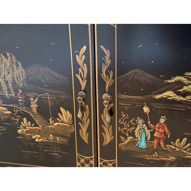 1940s Chinoiserie Black Lacquer Bookcase / China Display Cabinet For Sale In Chicago - Image 6 of 18