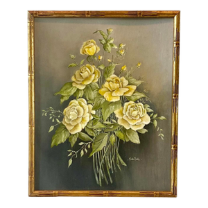 Vintage Yellow Roses Flower Painting With Gold Bamboo Style Frame, Signed