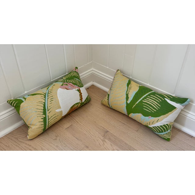 Pair of 12" H x 21" W outdoor pillows in CW Stockwell's 'Martinique' in Color 'Seadrift' - the original banana leaf print...