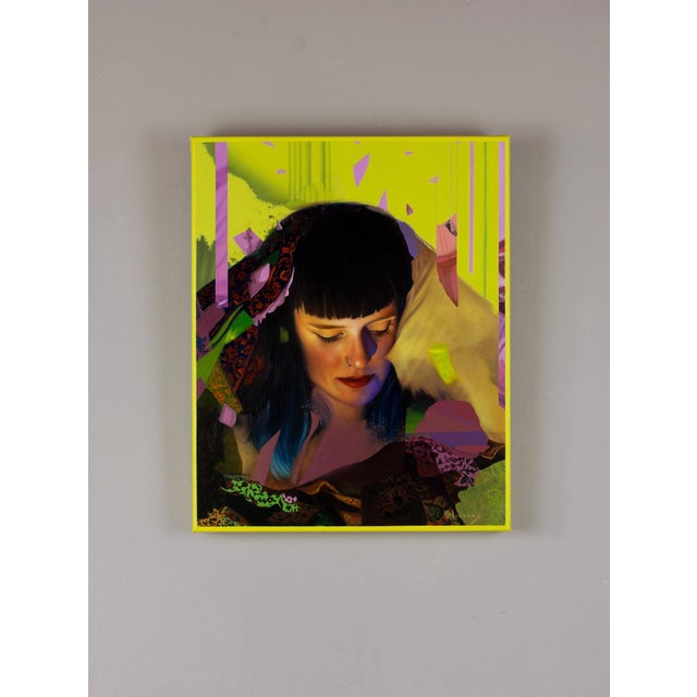 The artwork features a contemplative figure adorned in richly textured fabrics, set against a vibrant yellow backdrop that...