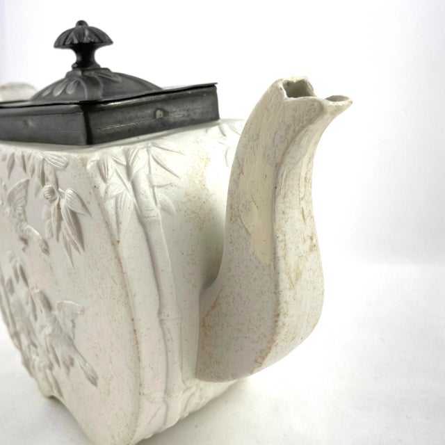 Late 19th Century 1874 Copeland Spode White Bisque Sparrows & Bamboo With Pewter Lid Tea Pot For Sale - Image 5 of 10