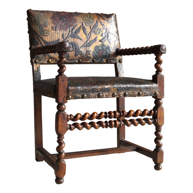 Flemish Walnut Armchair with Gilt Cordoba Leather, Late 17th Century For Sale