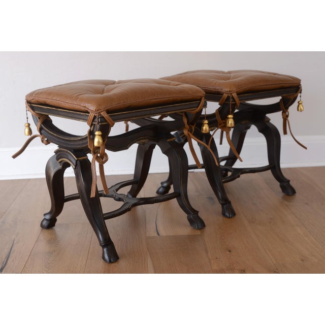 Neoclassical X-Frame Stools With Leather Cushions - A Pair For Sale - Image 4 of 17