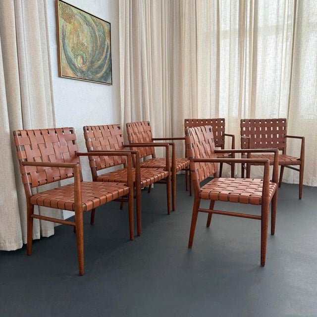 T.H. Robsjohn Gibbings Mid-Century Modern Woven Leather Mahogany Dining Armchairs For Sale - Image 4 of 11