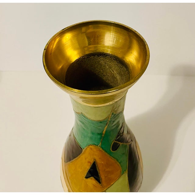 Art Deco Vintage 1930s Dutch Art Deco Brass & Hand-Painted Enamel Vase – Metawa Style For Sale - Image 3 of 9