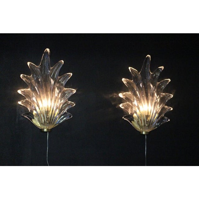 Clear Murano Glass Leaf and Brass Sconces by Barovier, 1980s, Set of 2 For Sale - Image 9 of 16