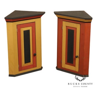 Pair Of Handcrafted Folk Art Painted Pine Corner Cabinets For Sale