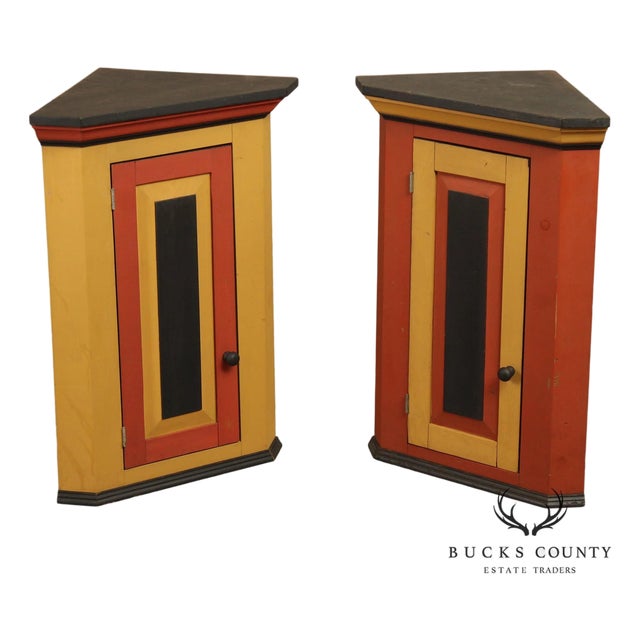 Pair Of Handcrafted Folk Art Painted Pine Corner Cabinets For Sale