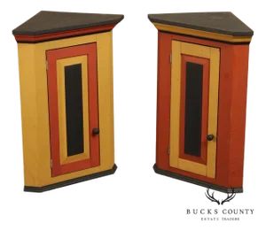 Pair Of Handcrafted Folk Art Painted Pine Corner Cabinets