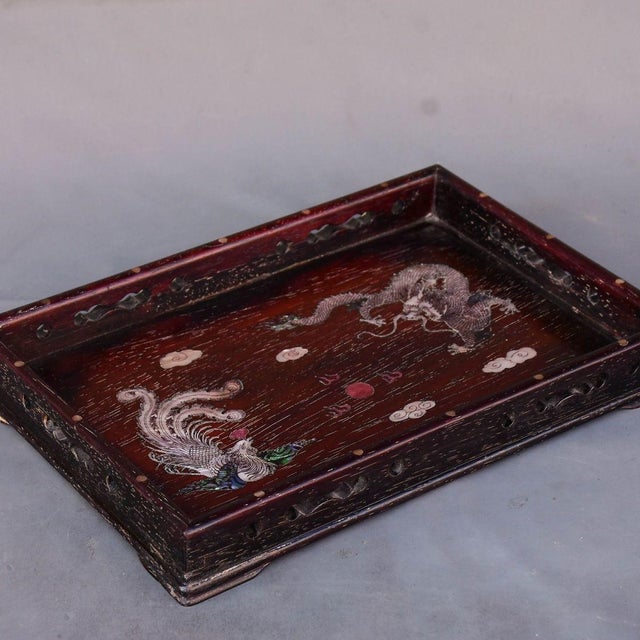 Chinese Vintage Zitan Wood Tray With Mother-of-Pearl Dragon & Phoenix Inlay For Sale - Image 3 of 8