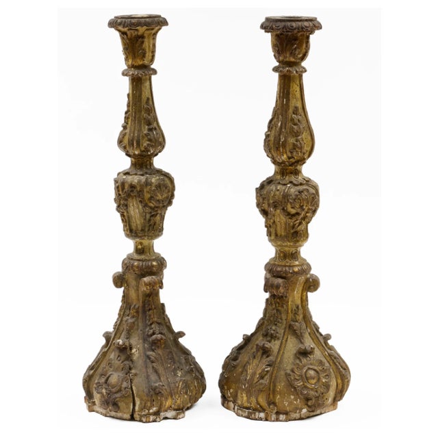 Baroque Pair of Italian Baroque Carved Giltwood Candlesticks – 28" Tall For Sale - Image 3 of 13