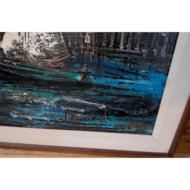 An exceptional large-scale mid-century harbor scene executed in richly textured oil using a sophisticated palette-knife...