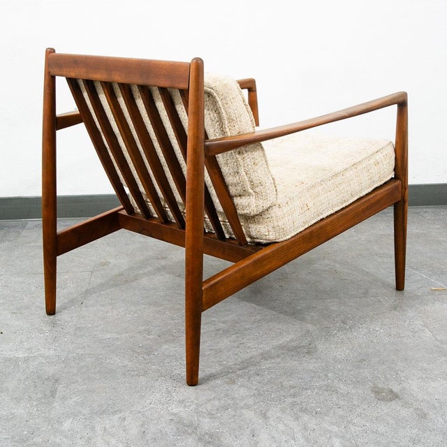 Mid-Century Modern Mid Century Danish Modern Lounge Chair Walnut Wool Fabric Armchair Vintage White For Sale - Image 3 of 12