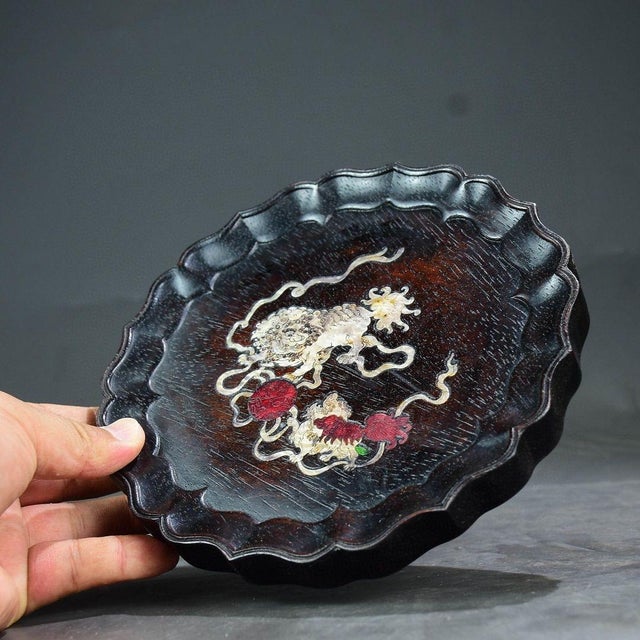 Wood Vintage Chinese Zitan Wood Scalloped Tea Tray With Mother of Pearl Fu Lion & Ball Inlay For Sale - Image 7 of 10