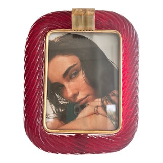 Venetian Red “Torchon” Murano Glass Picture Frame and Unaquered Brass in Barovier Style. For Sale