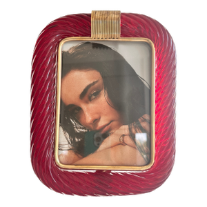 Venetian Red “Torchon” Murano Glass Picture Frame and Unaquered Brass in Barovier Style.