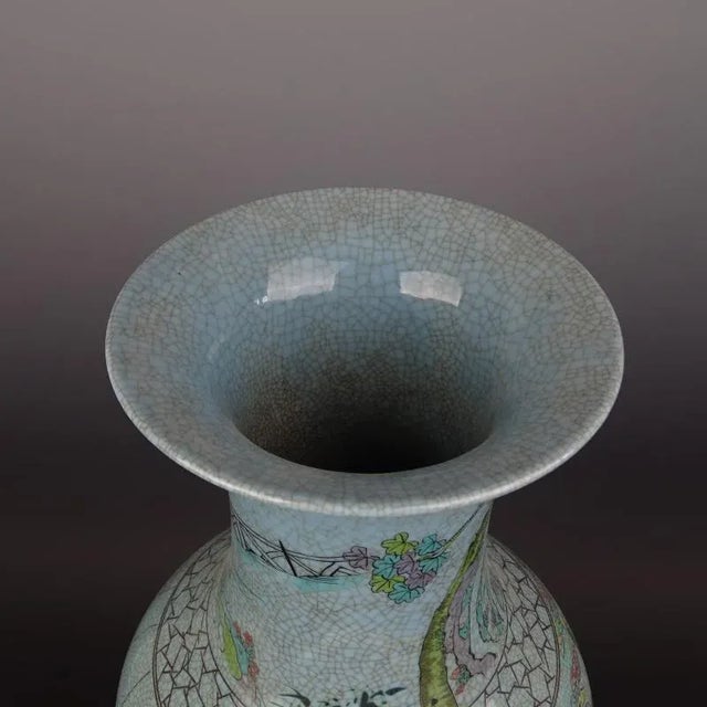 Antique White Chinese Vintage Porcelain Vase Qing Dynasty Qianlong Marked Crackle Glaze Famille Verte Porcelain Vase Hand Painted Figures Pattern For Sale - Image 8 of 8