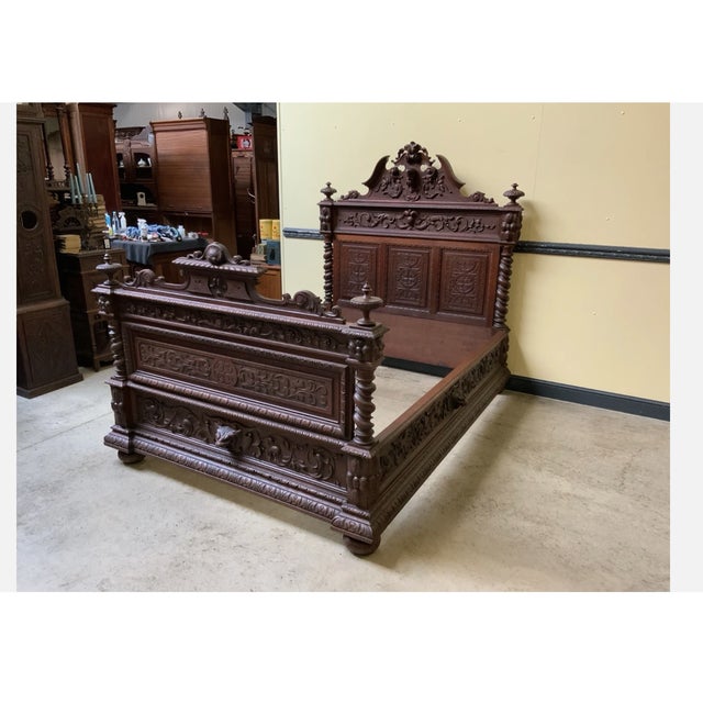 Brown Antique Bed in Solid Oak, 1880 For Sale - Image 8 of 10