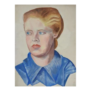 Vintage Mid 20th Century Modernist Portrait Painting Woman in Blue